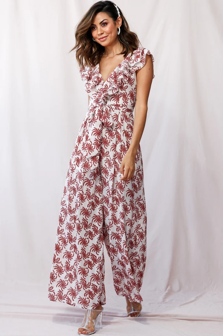 Marcia Ruffle Strap Wide Leg Jumpsuit Floral Print Beige - Seraphlike