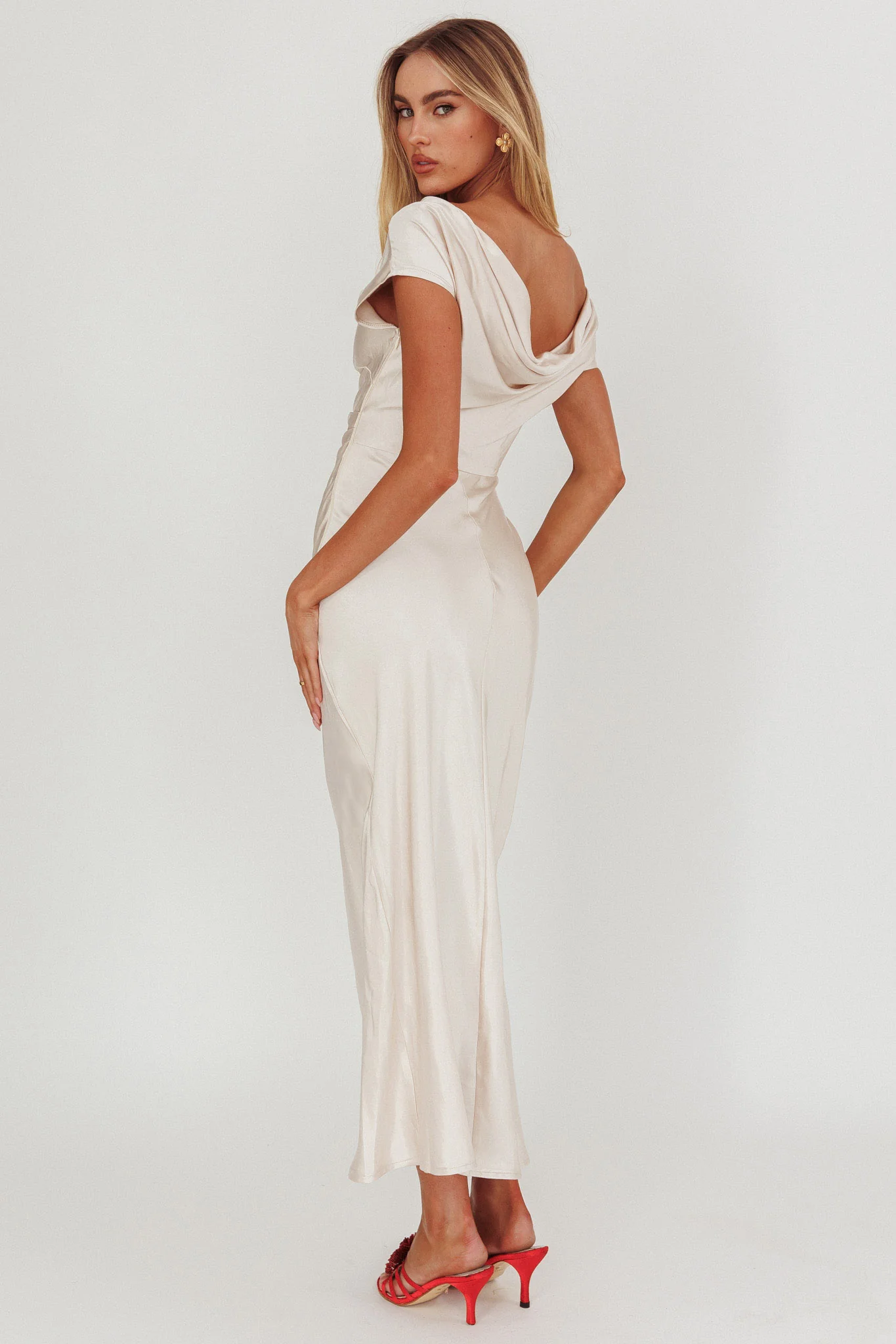 Loveland Cap Sleeve Cowl Back Midi Dress Champagne - Seraphlike