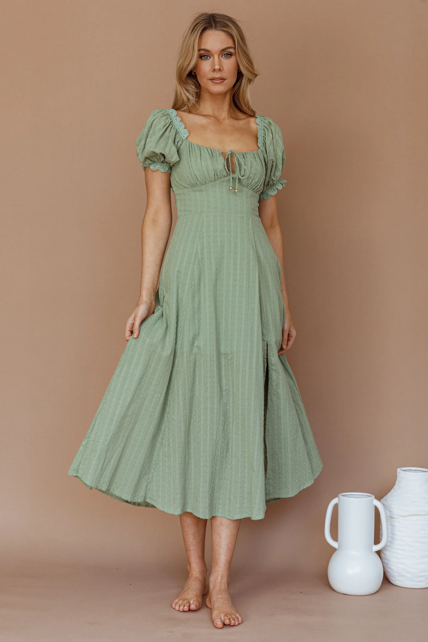Chablis Gathered Bust Puff Sleeve Midi Dress Sage - Seraphlike