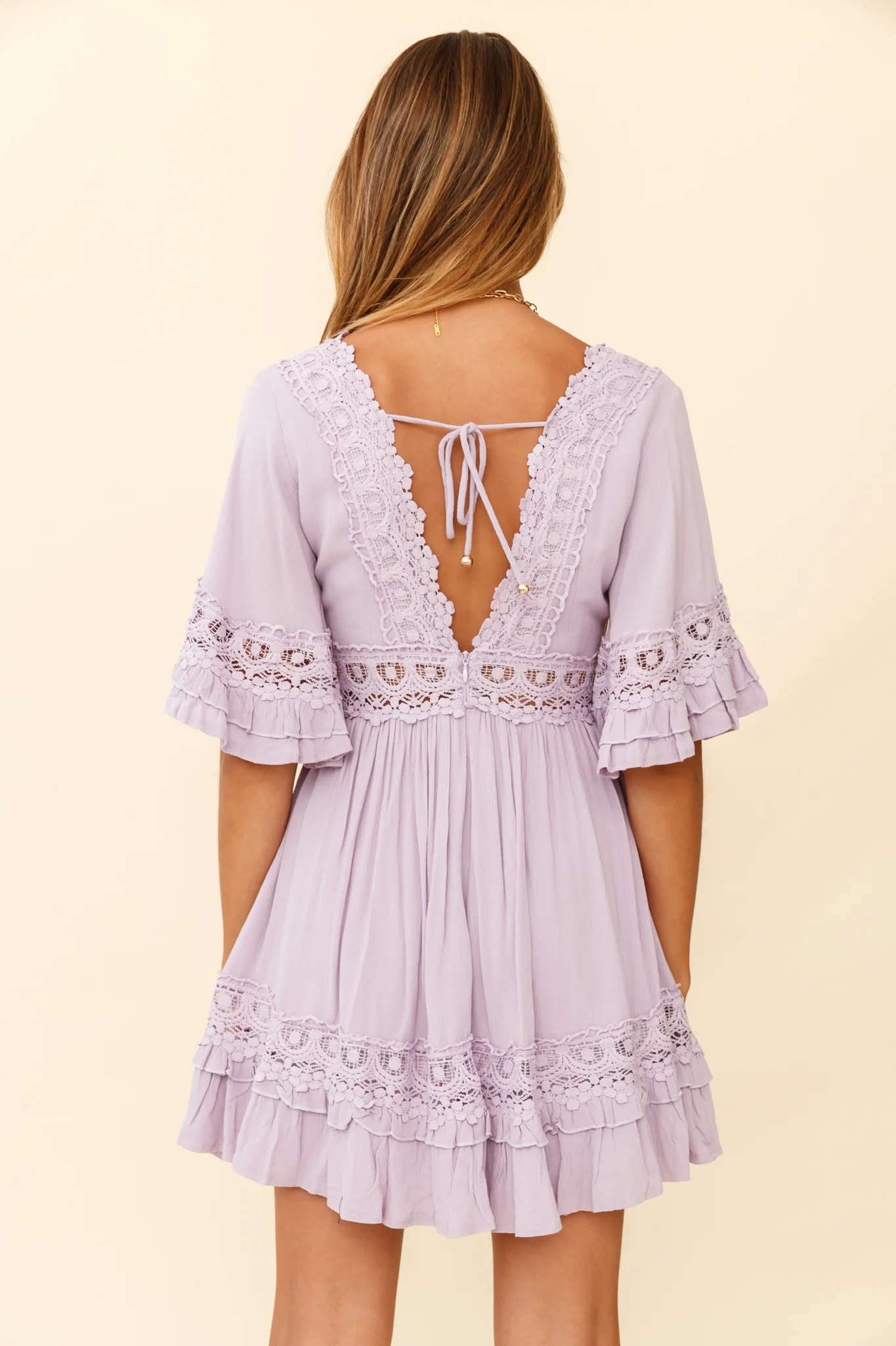 Kauai V-Neckline Crochet Lace Trim Dress Lilac - Seraphlike