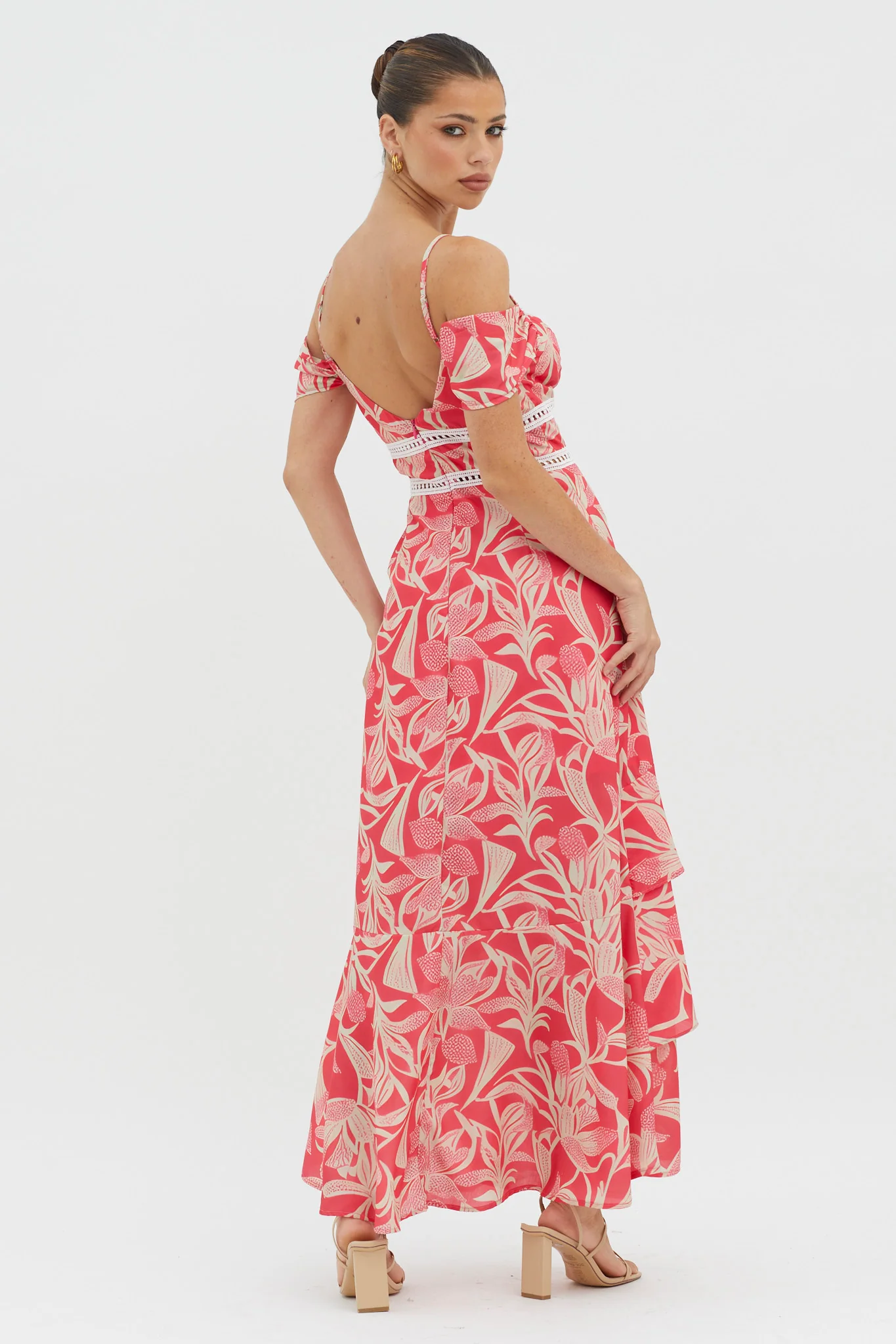 Seina Off-Shoulder Crochet Trim Dress Print Red - Seraphlike