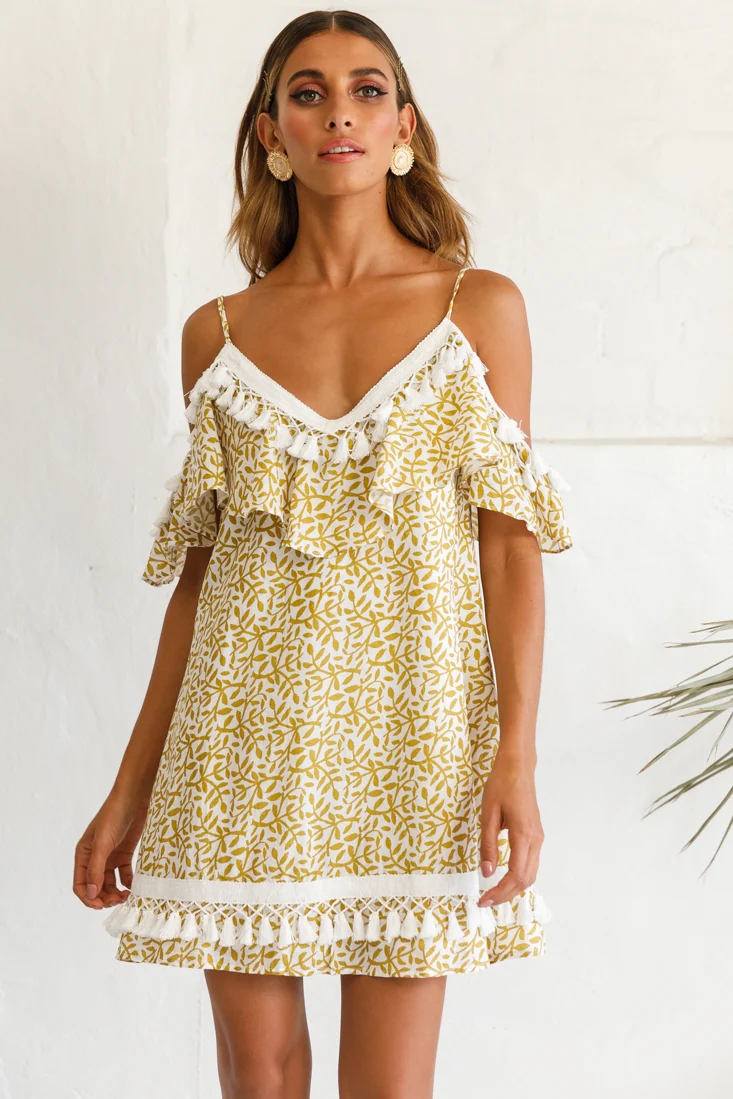 Hayman Cold-Shoulder Tassel Trim Dress Mustard Print - Seraphlike
