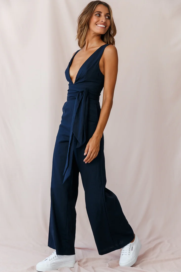 Dylan V-Neckline Wide Leg Jumpsuit Navy - Seraphlike