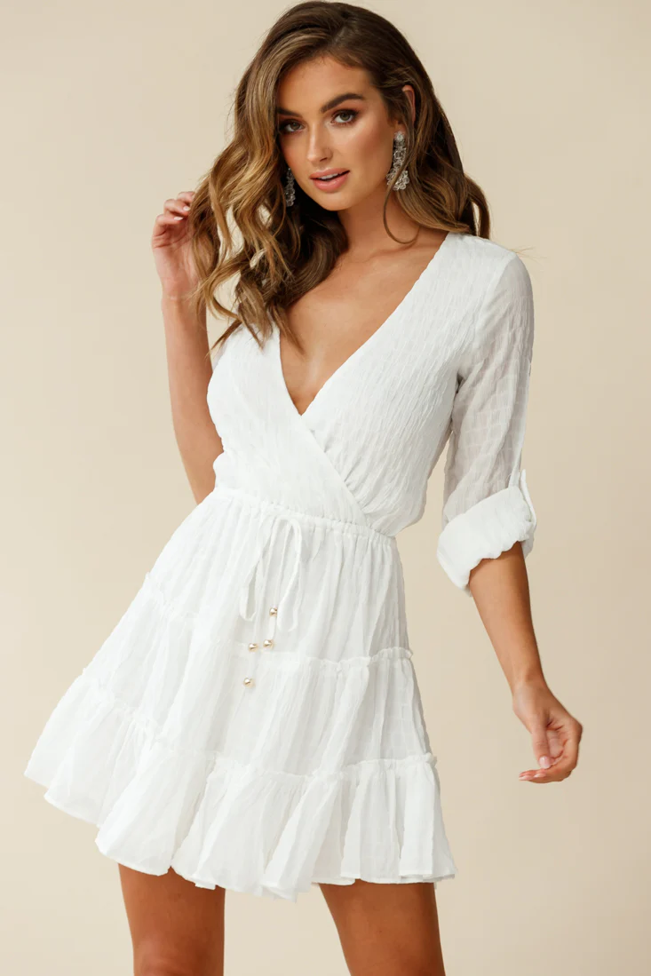 Bostyn Adjustable Sleeve Drawstring Waist Dress White - Seraphlike
