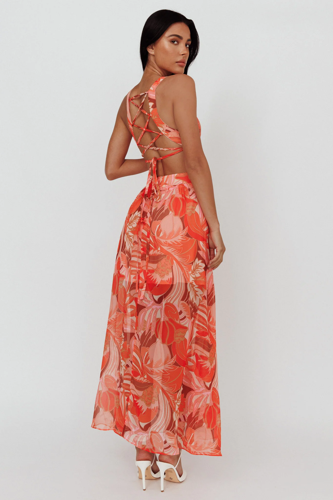 Maura Lace-Up Back Maxi Dress Floral Red - Seraphlike
