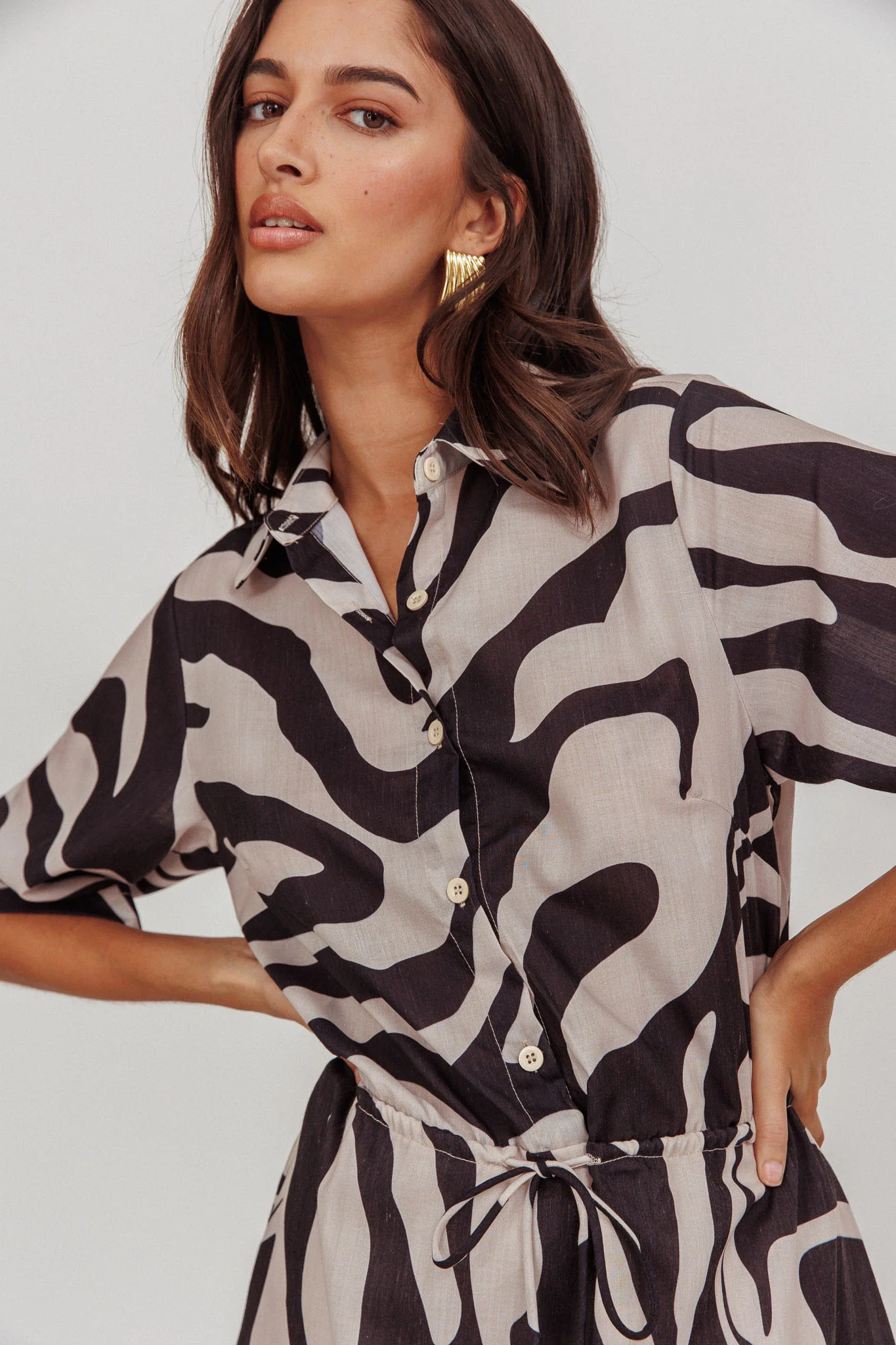 Tiki Boxy Sleeve Print A-line Midi Dress Beige - Seraphlike