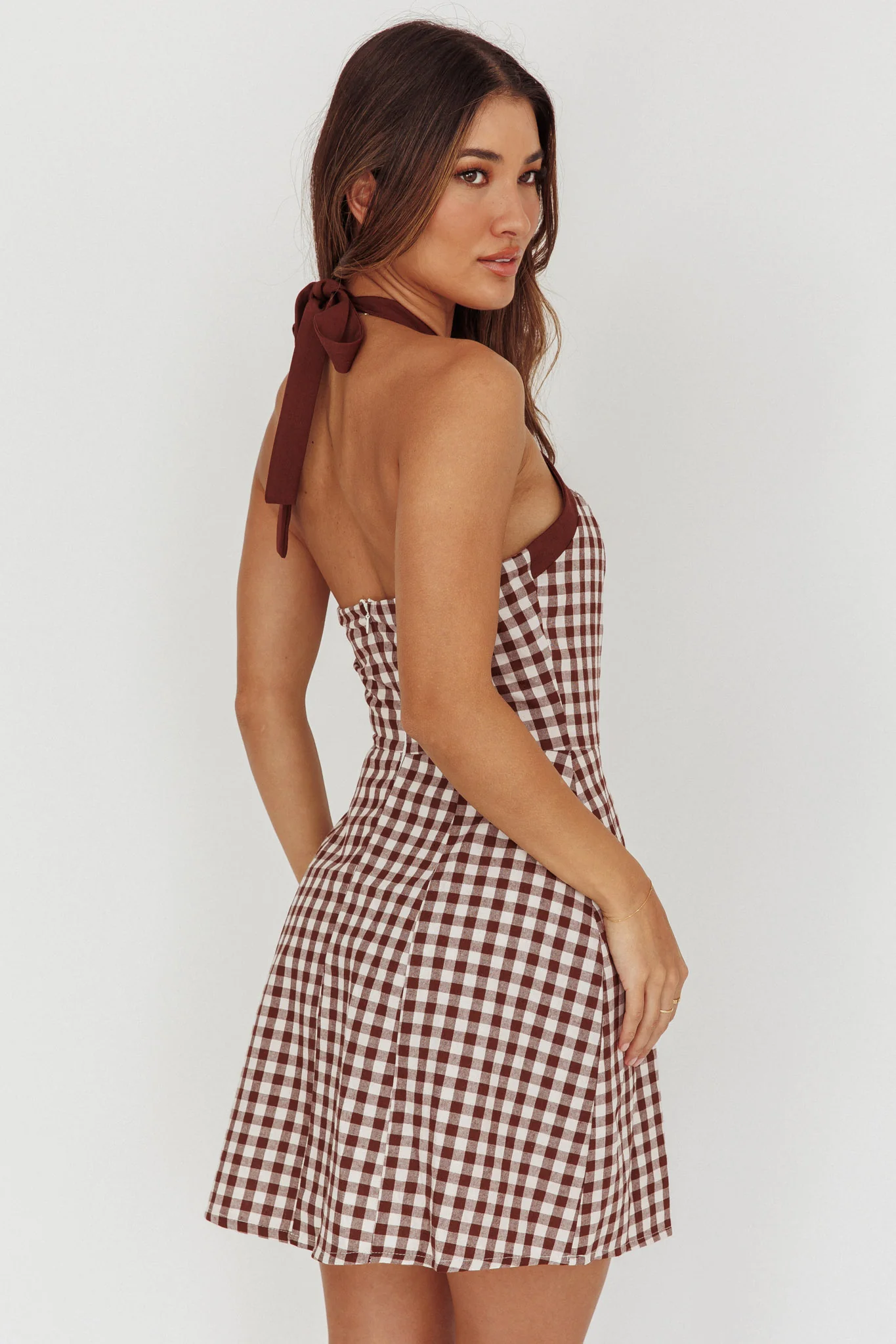 Lady Bow Halterneck Mini Dress Plaid Brown - Seraphlike