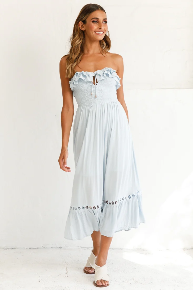 Daydream Shirred Bust Frill Trim Maxi Dress Ice Blue - Seraphlike