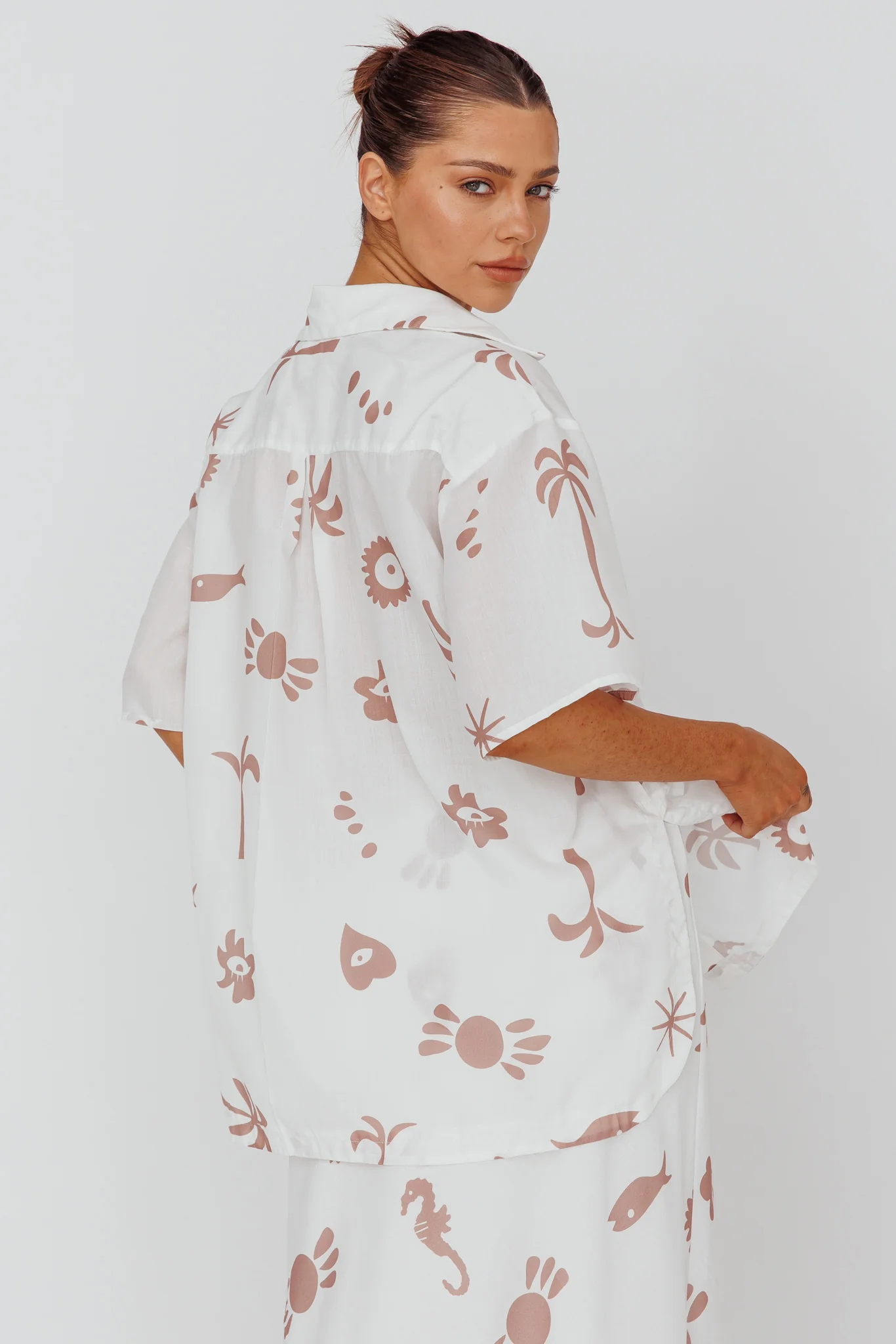 Light Aura Button Up Shirt Print White Tan - Seraphlike