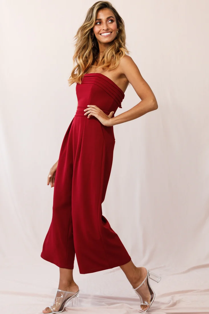 Chosen Strapless Wide Leg Jumpsuit Wine - Seraphlike