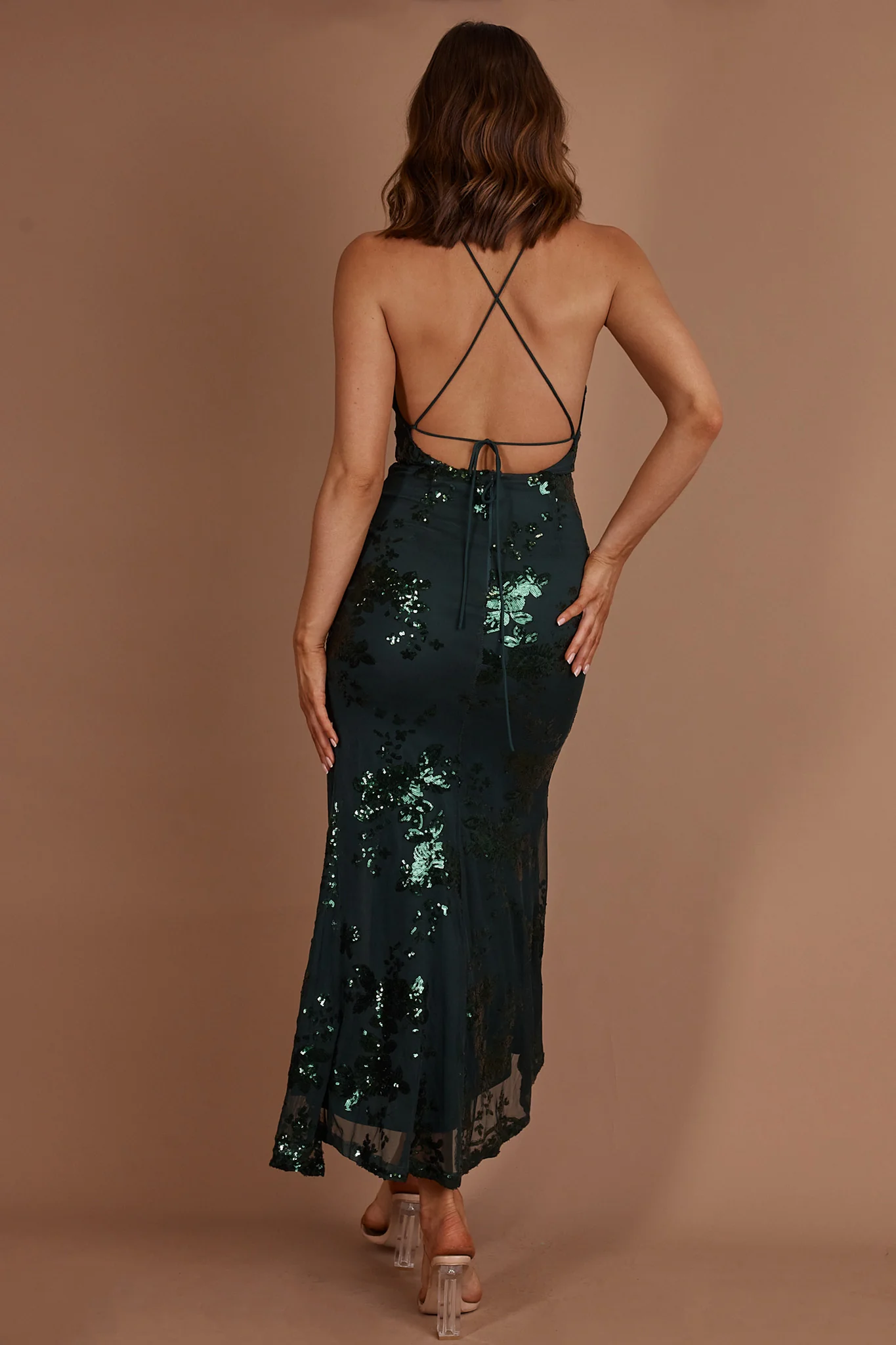 Haylan Sequin Backless Midi Dress Forest Green - Seraphlike