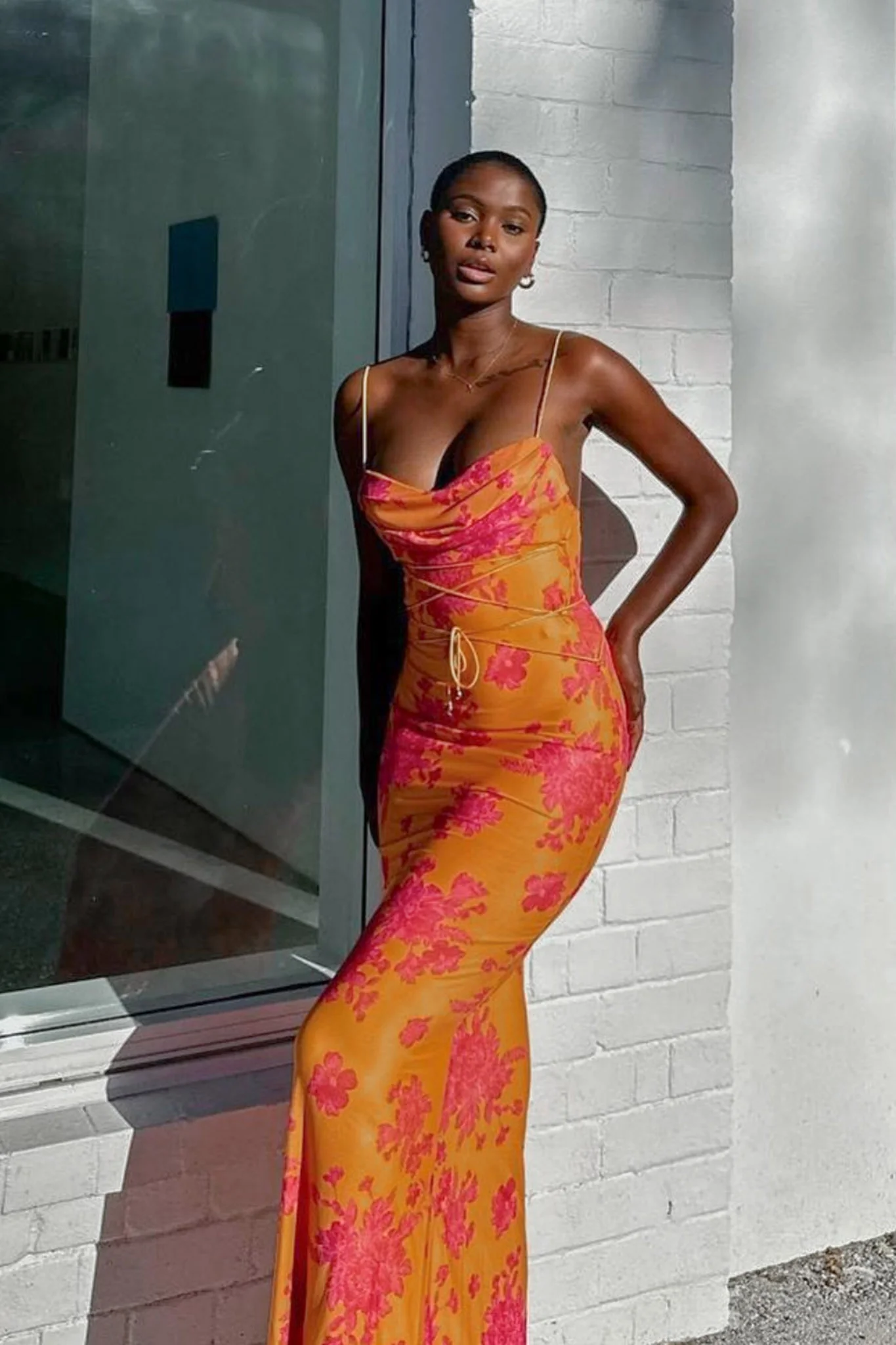 Teava Laced Waist Maxi Dress Floral Orange - Seraphlike