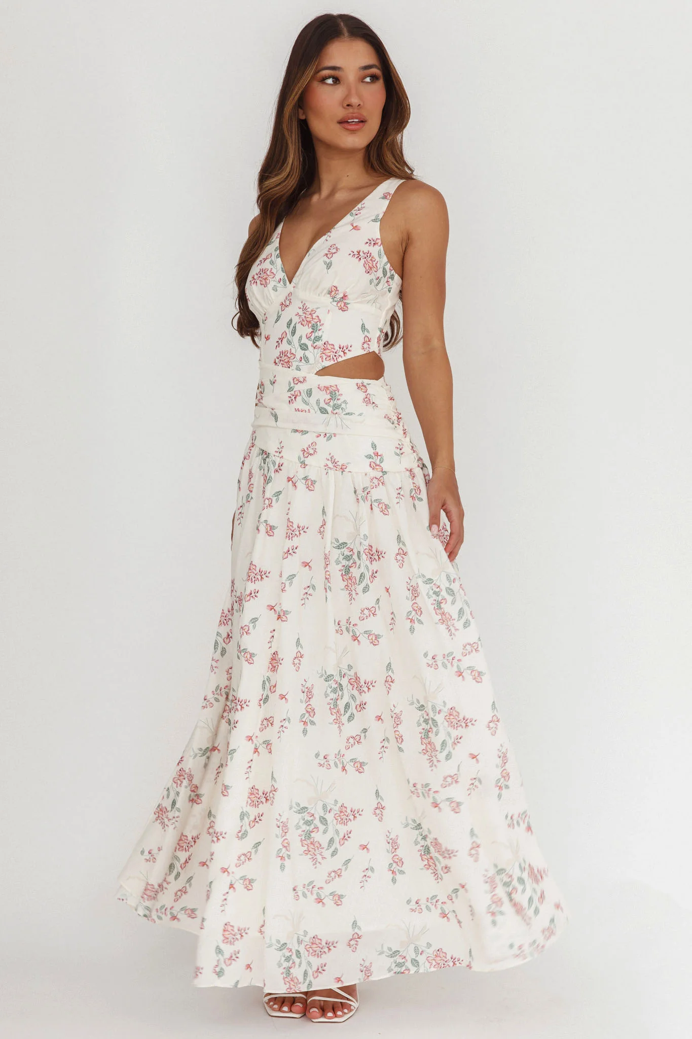 First Dates Waist Cut-Out Maxi Dress Floral Cream/Pink - Seraphlike