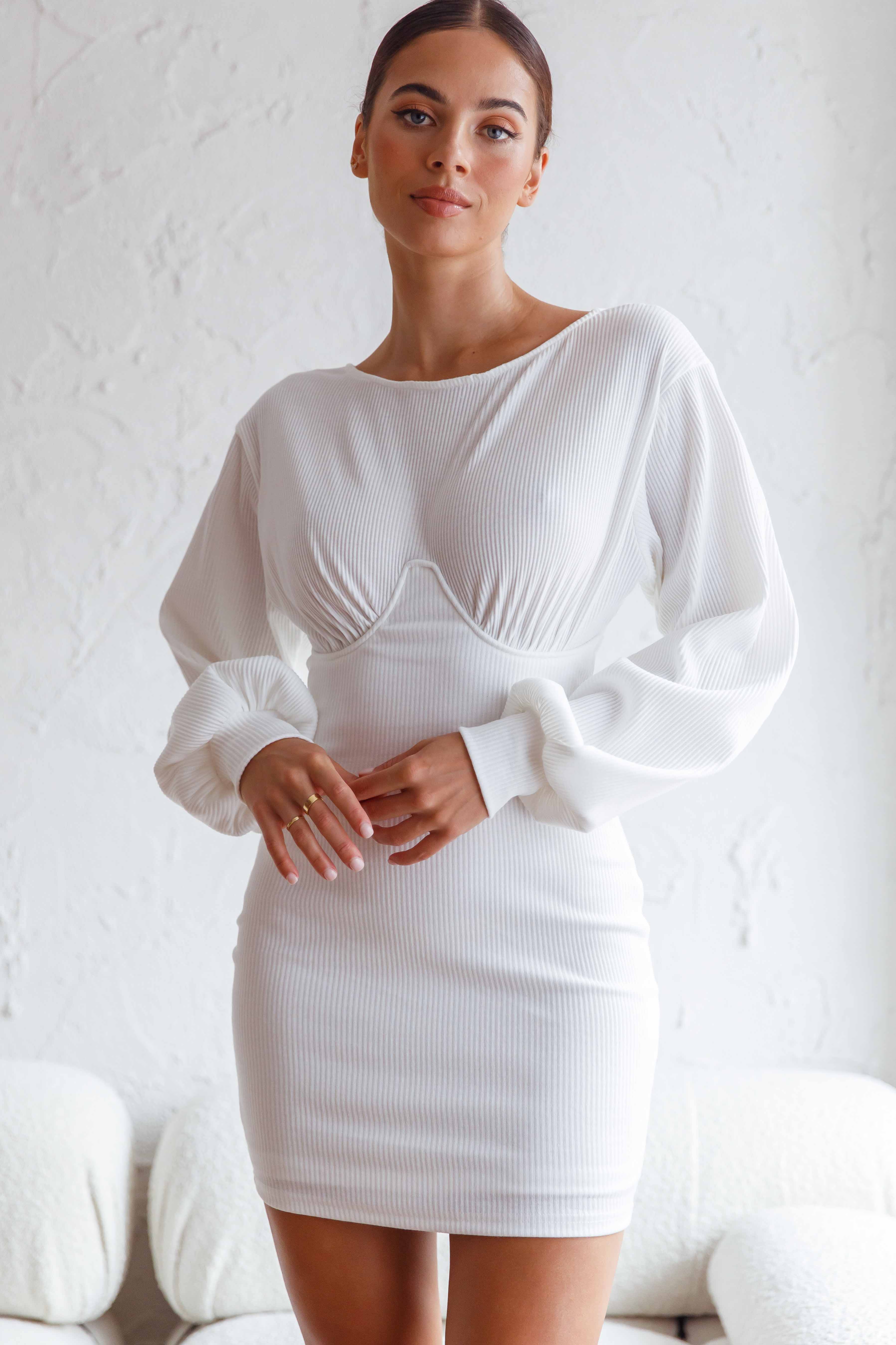 Sammy Long Balloon Sleeve Piping Detail Ribbed Dress White - Seraphlike
