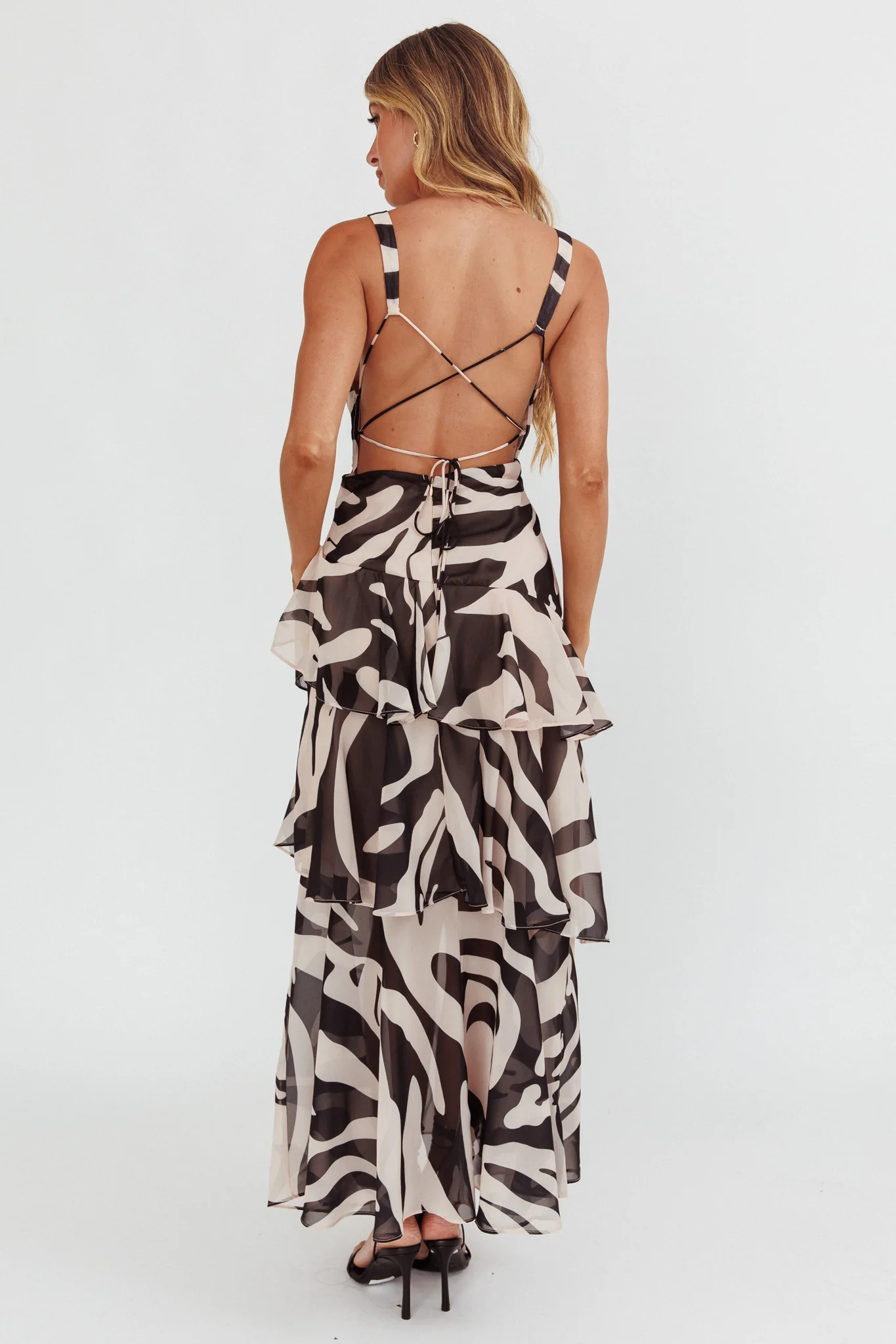 Veda Strappy Back Ruffle Maxi Dress Print Black - Seraphlike