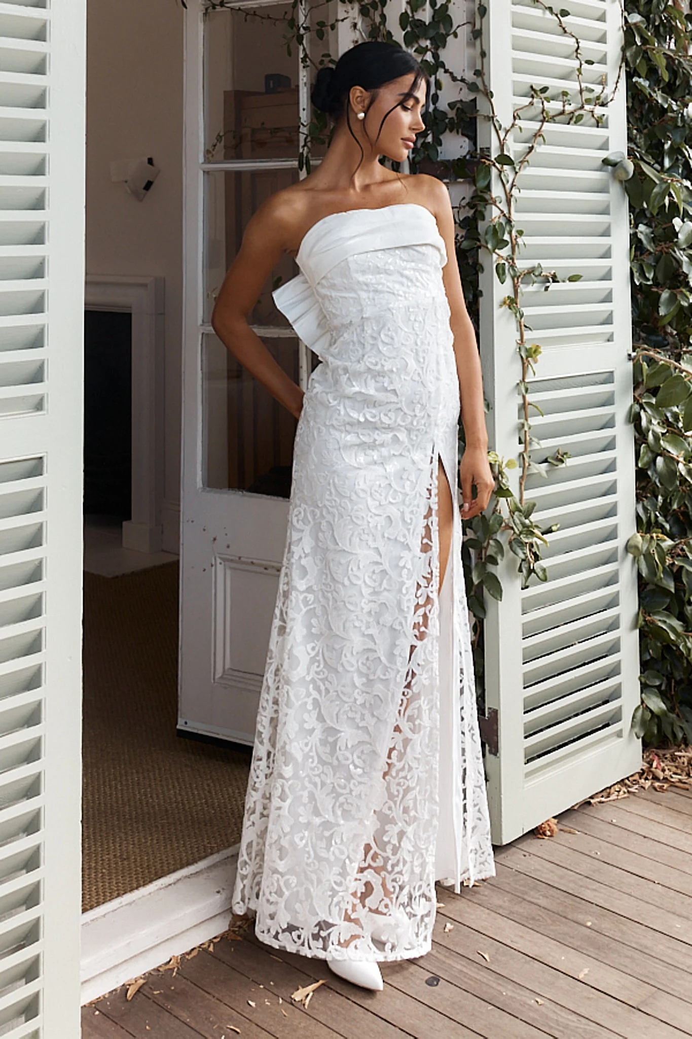 Delphina Strapless Bow Back Lace Dress Ivory - Seraphlike