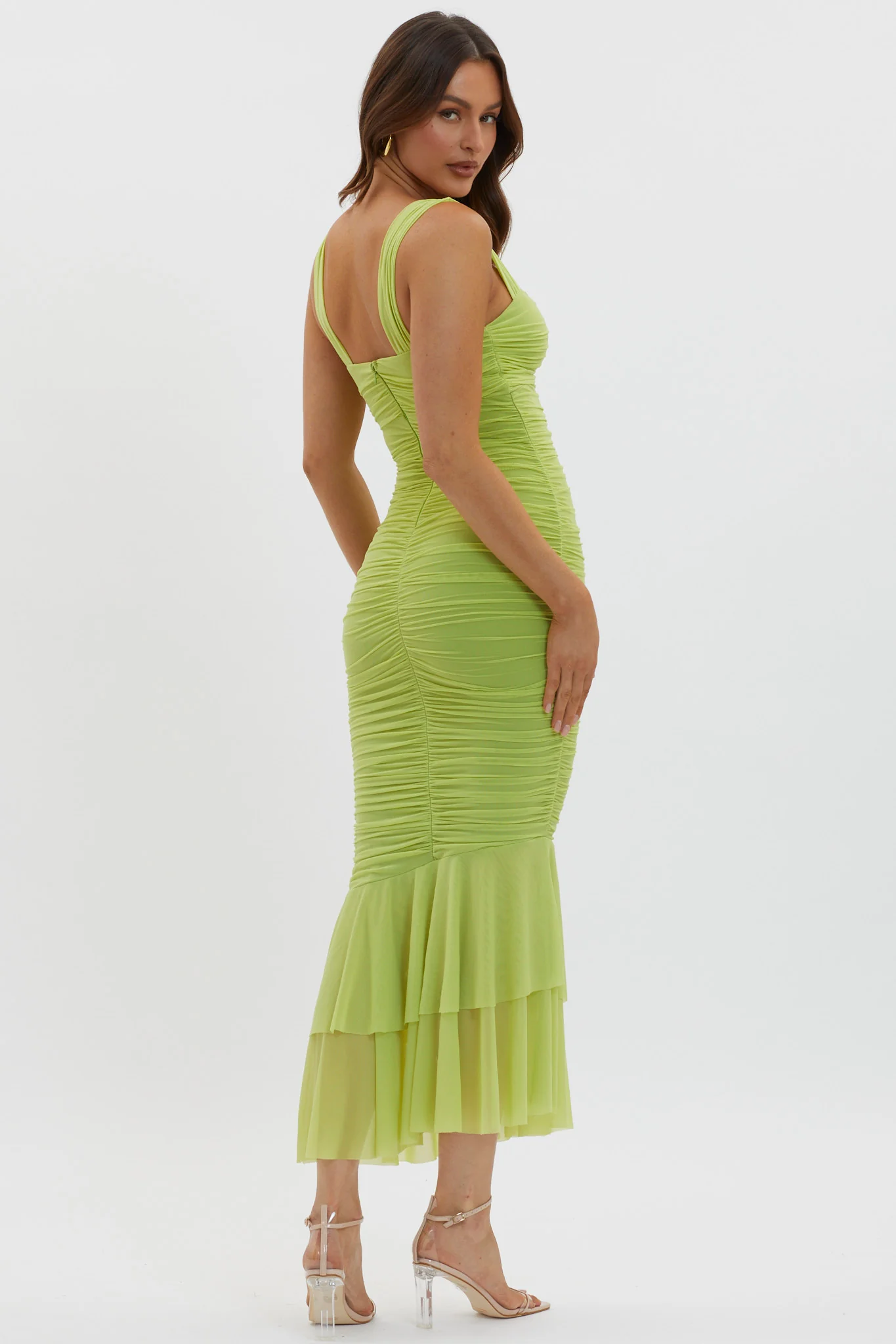 Nadia Ruched Fishtail Maxi Dress Lime - Seraphlike