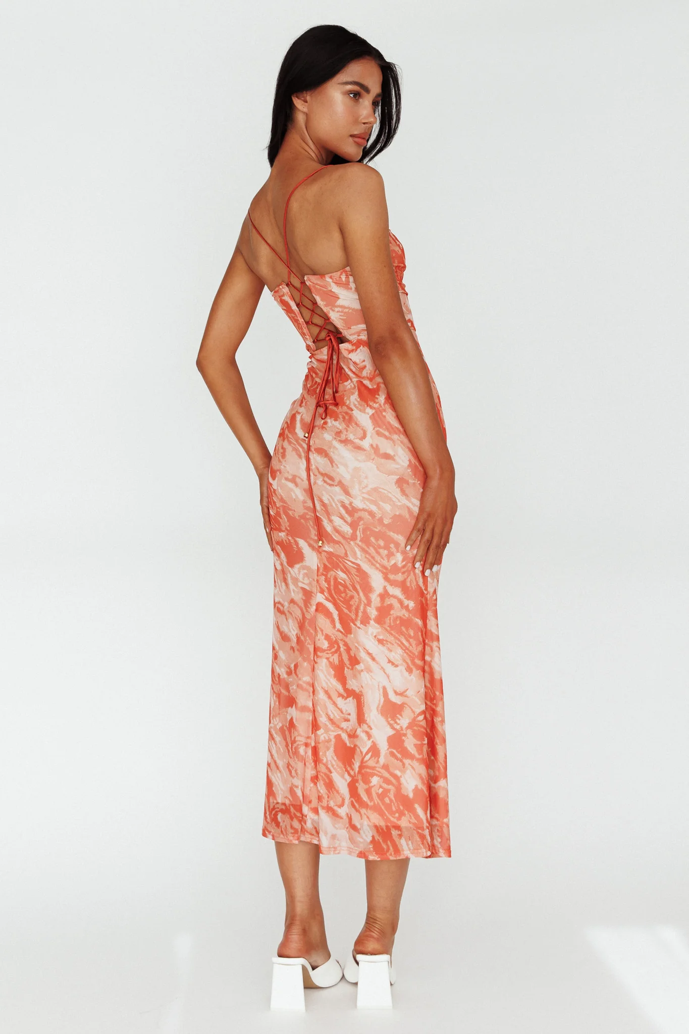 Nouveau U-Neckline Midi Dress Marbled Orange - Seraphlike