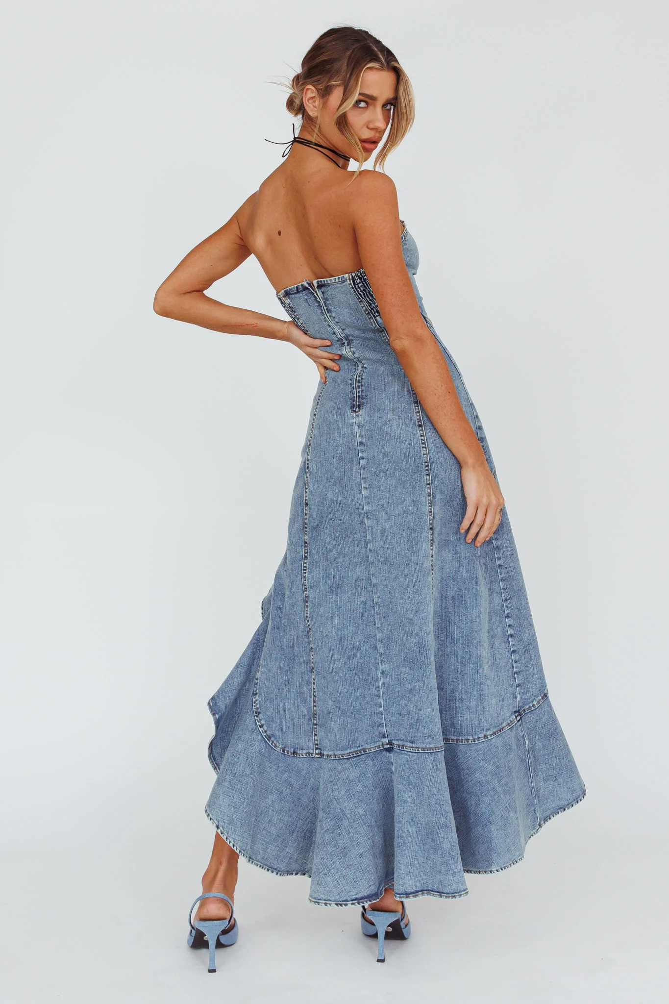 Moon Sweetheart Neckline Ruffle Midi Dress Denim - Seraphlike