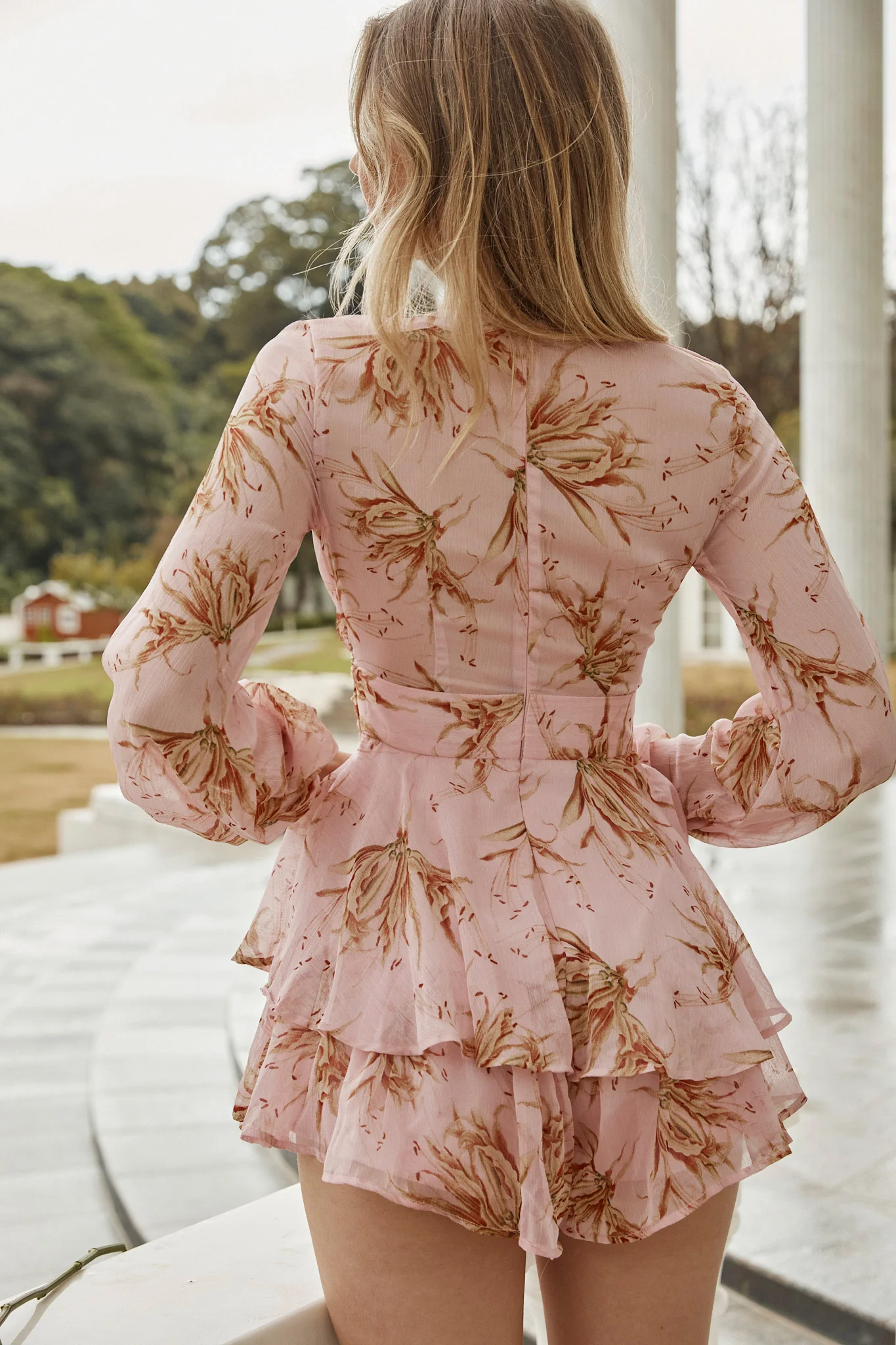 Maddox Fit & Flare Long Sleeve Romper Lily Print Pink - Seraphlike