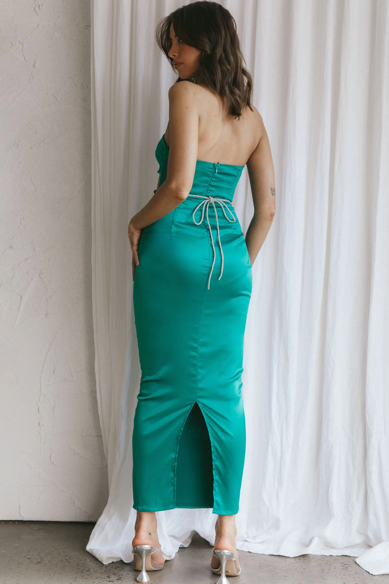 Nohemi Strapless Diamante Maxi Dress Green - Seraphlike