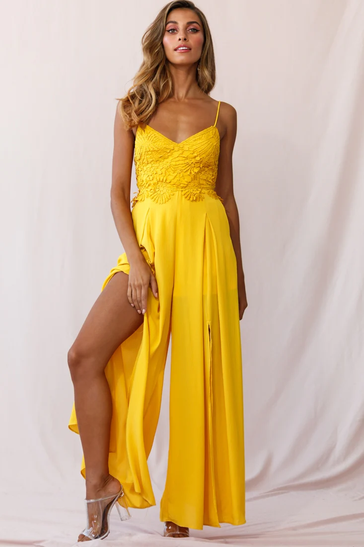 Ada Applique Embroidery Bust Wide Leg Jumpsuit Mustard - Seraphlike