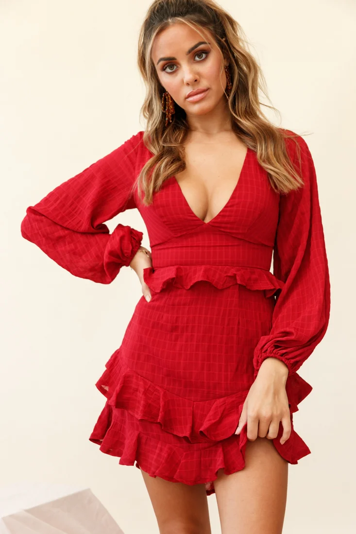 Queenie Long Balloon Sleeve Ruffle Trim Dress Wine - Seraphlike