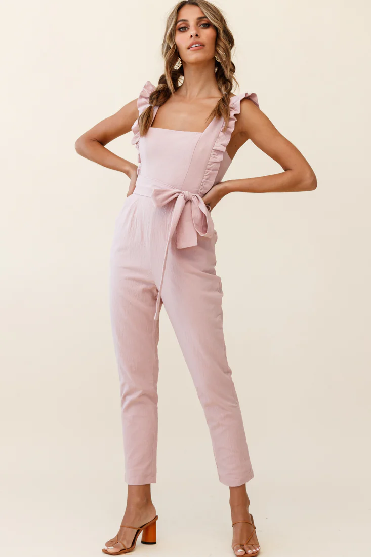 All For Love Square Neckline Ruffle Strap Jumpsuit Blush - Seraphlike