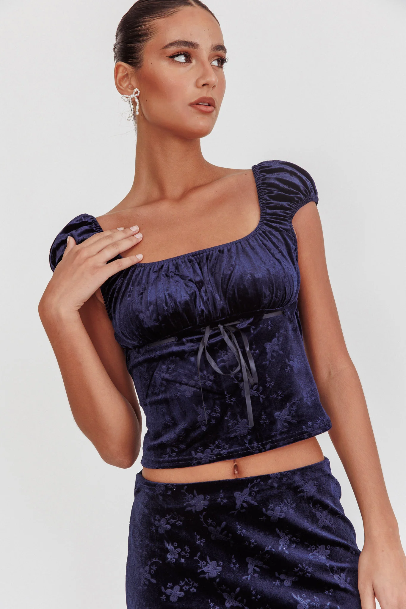 Good Luck Ribbon Trim Velvet Top Navy - Seraphlike