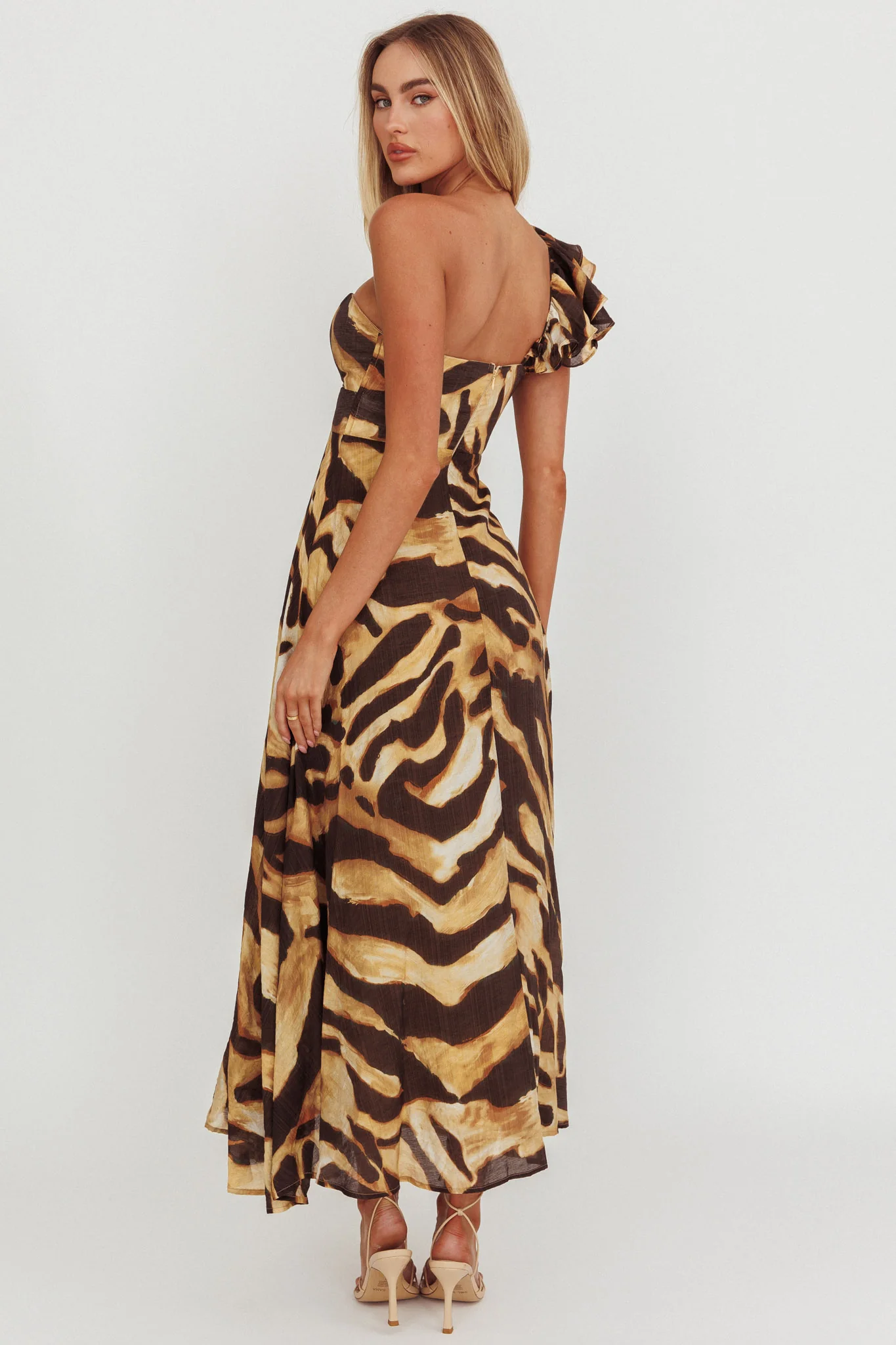 Skyla One Shoulder Ruffle Maxi Dress Leopard - Seraphlike