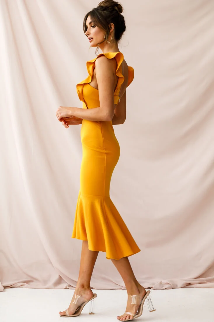 Jackie Wide Ruffle Hem Pinafore Midi Dress Mustard - Seraphlike