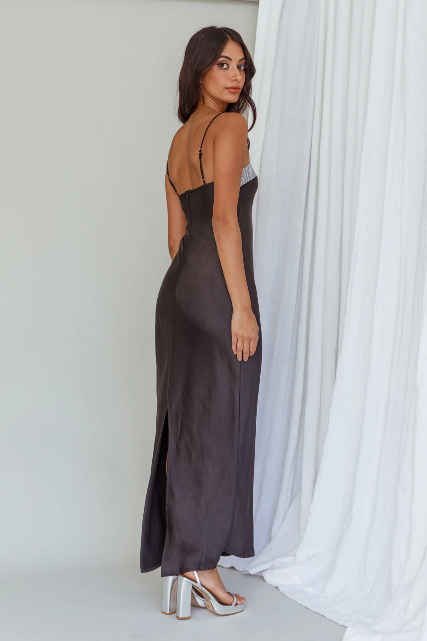 Making Headlines Diamante Neckline Maxi Dress Black - Seraphlike