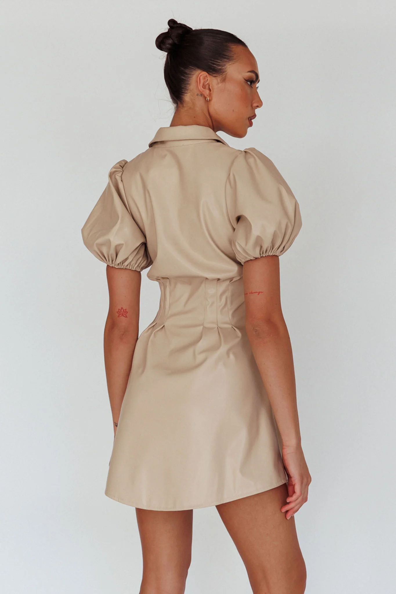 Zurich Pleated Waist Shirt Dress Faux Leather Nude - Seraphlike
