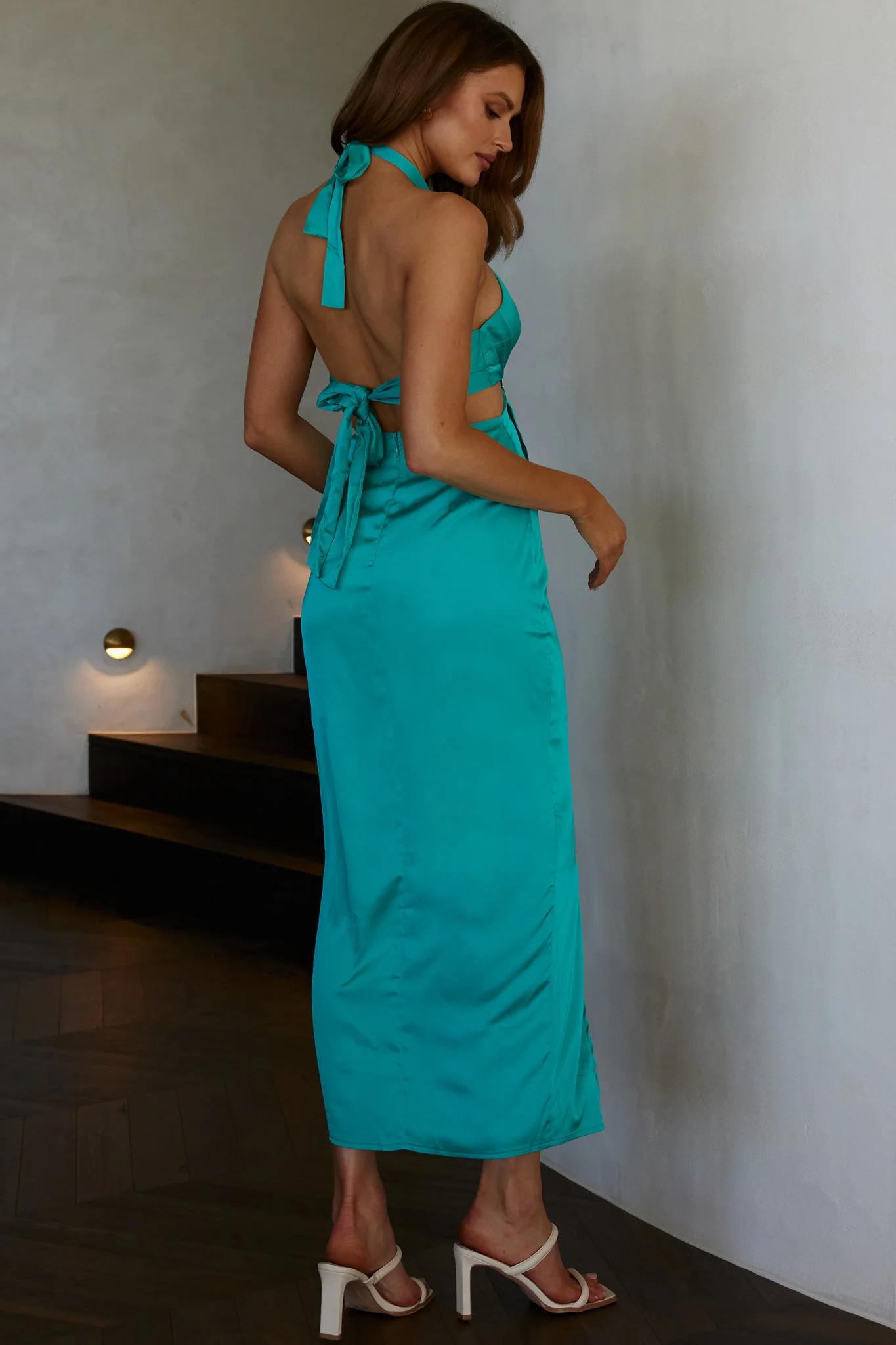 Night Breeze Halterneck Diamante Midi Dress Steel Blue - Seraphlike