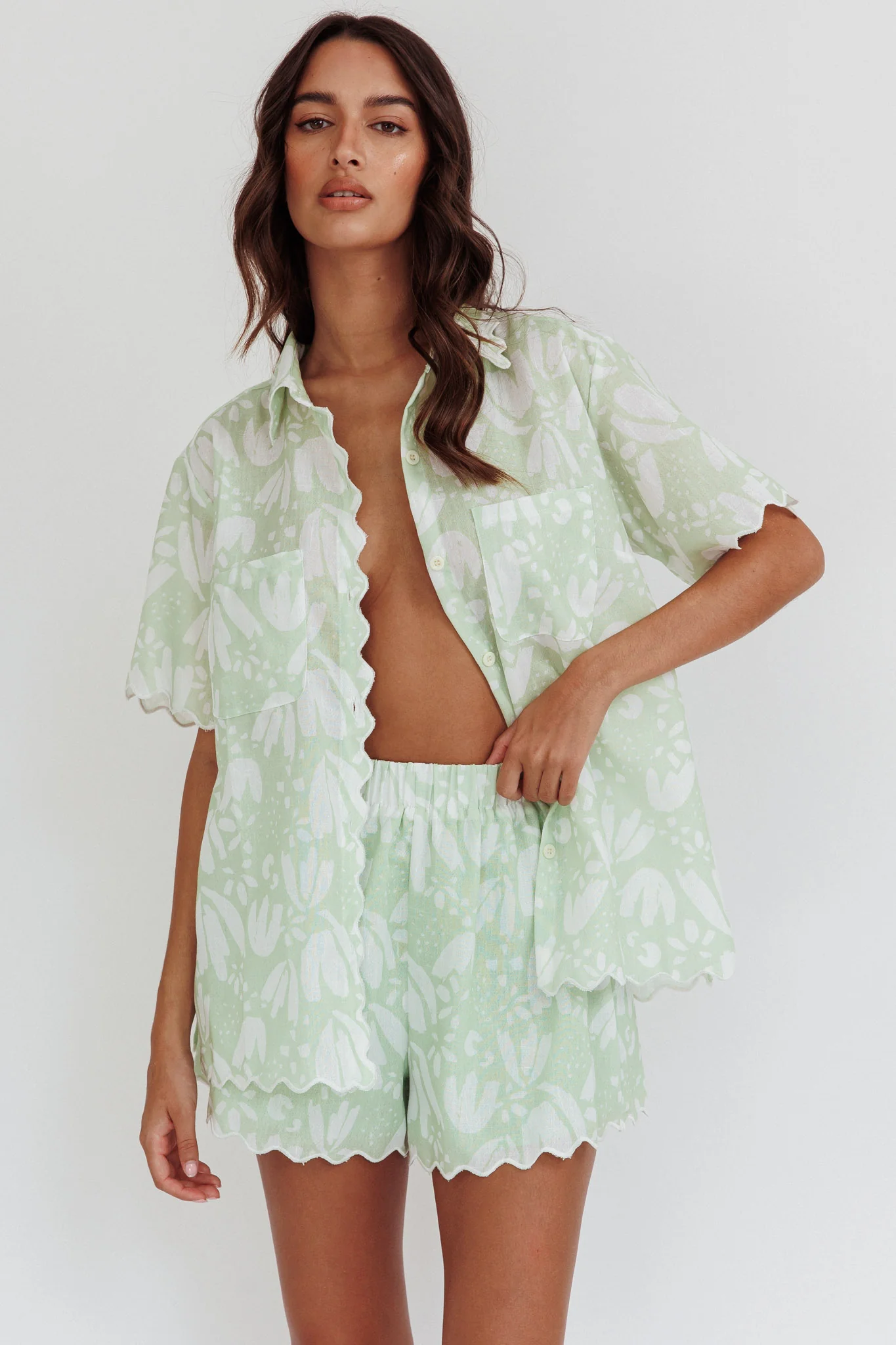 Swing Of Things Scalloped Elastic Waist Shorts Print Sage - Seraphlike