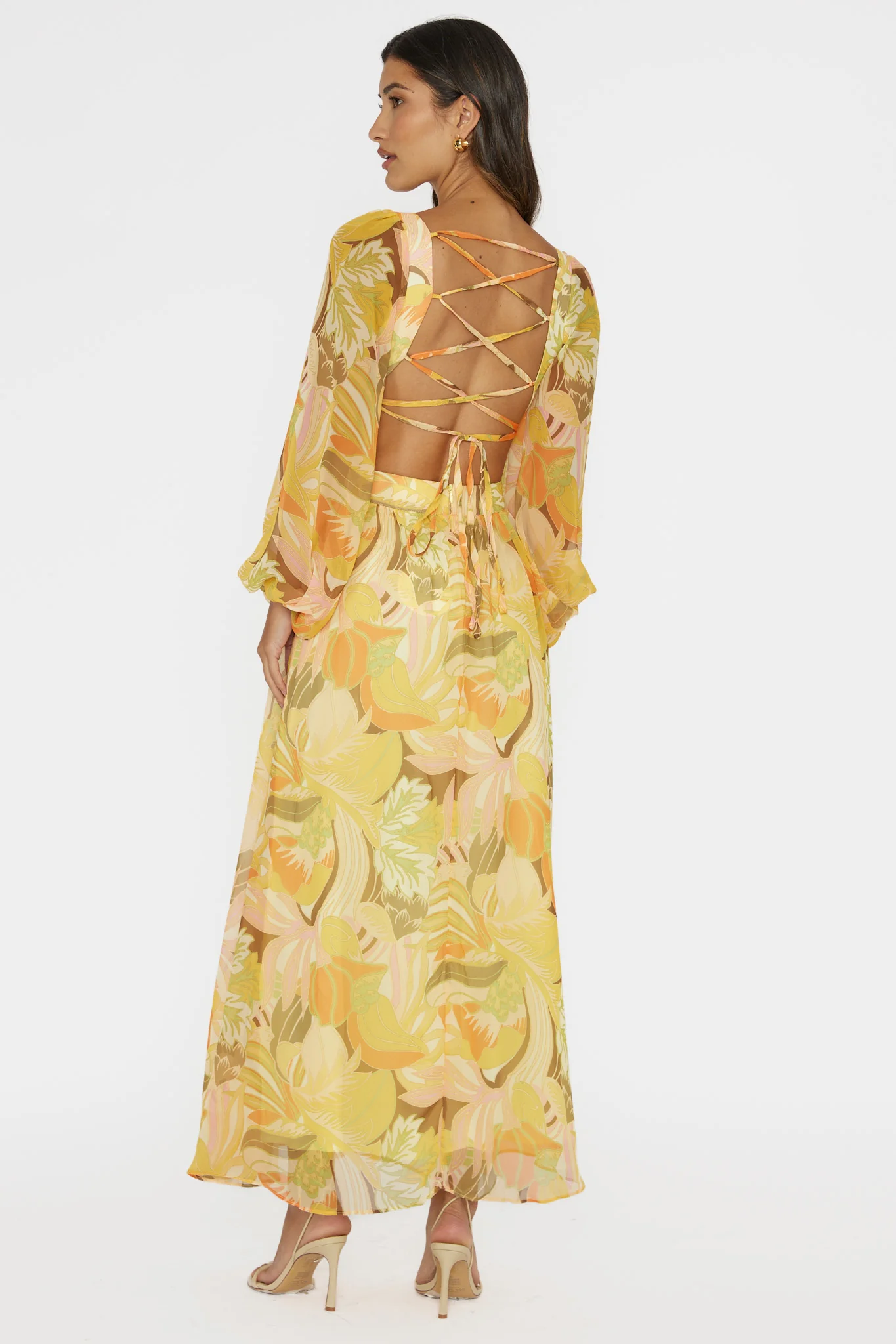 Maura Long Sleeve Lace-Up Back Dress Floral Yellow - Seraphlike