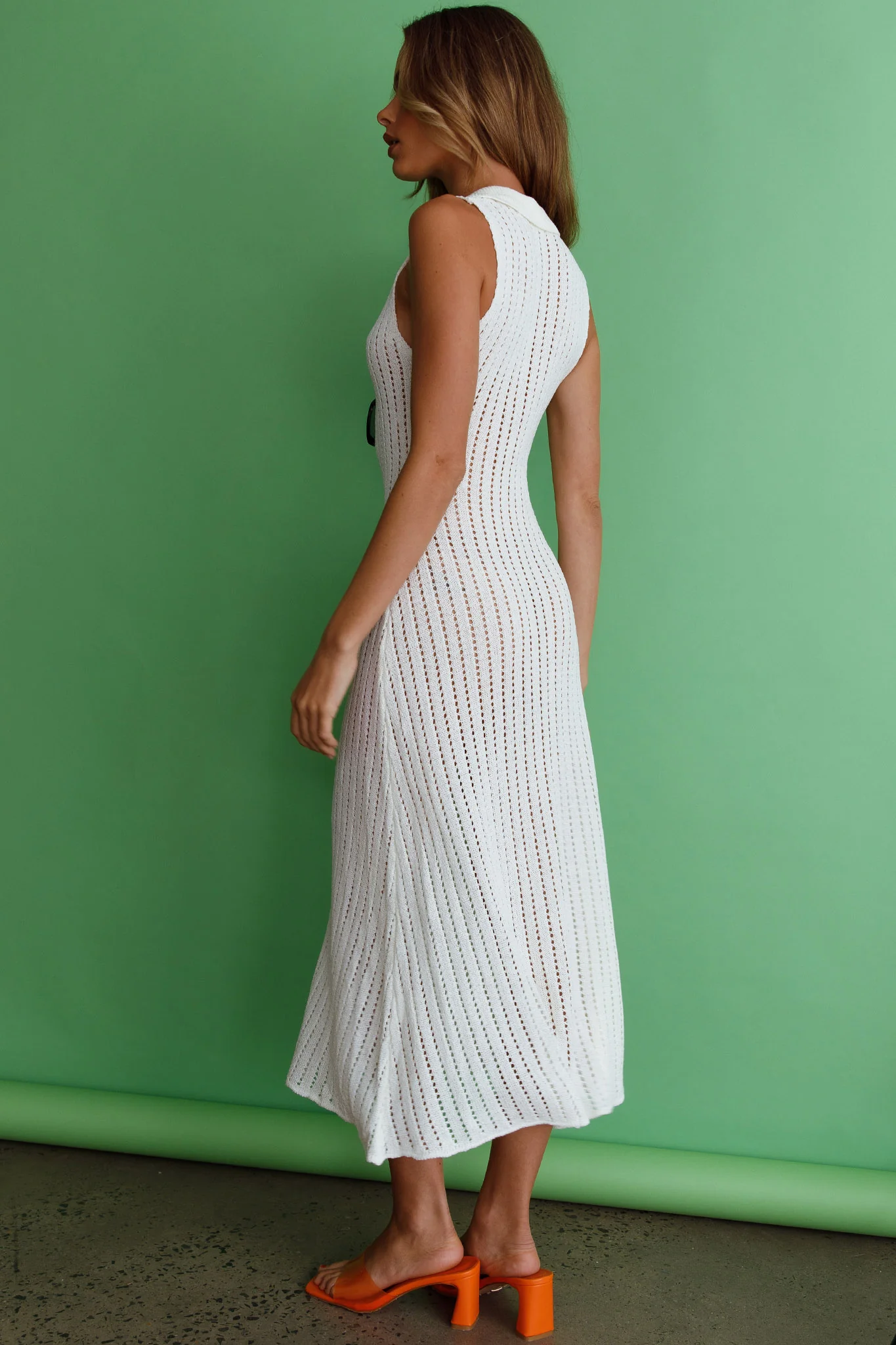 Palm Island Collared Crochet Midi Dress White - Seraphlike