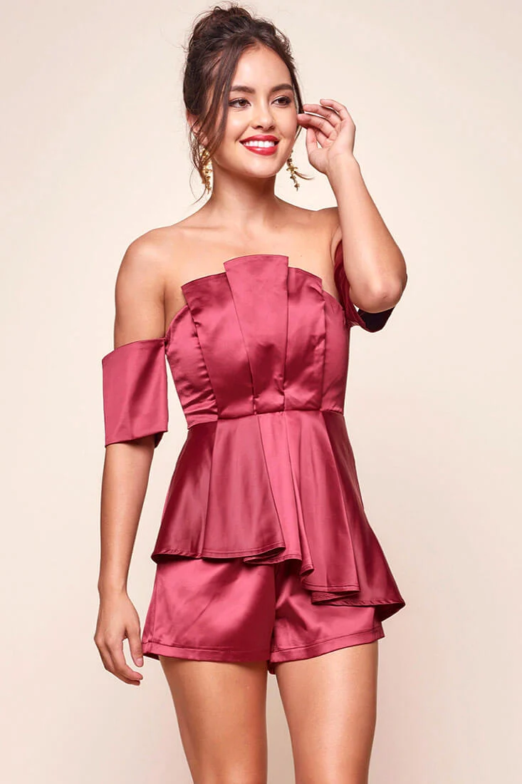 Aly Off the Shoulder Dressy Satin Romper Red Wine - Seraphlike