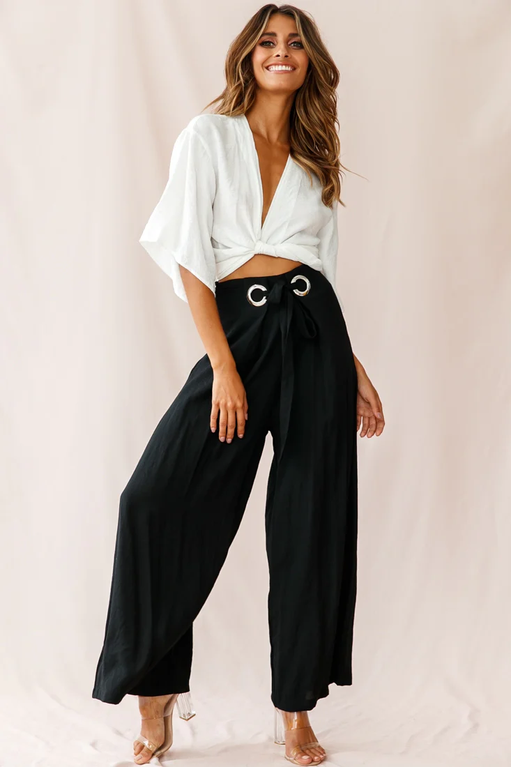 Saigon Wide Leg Eyelet Pants Black - Seraphlike