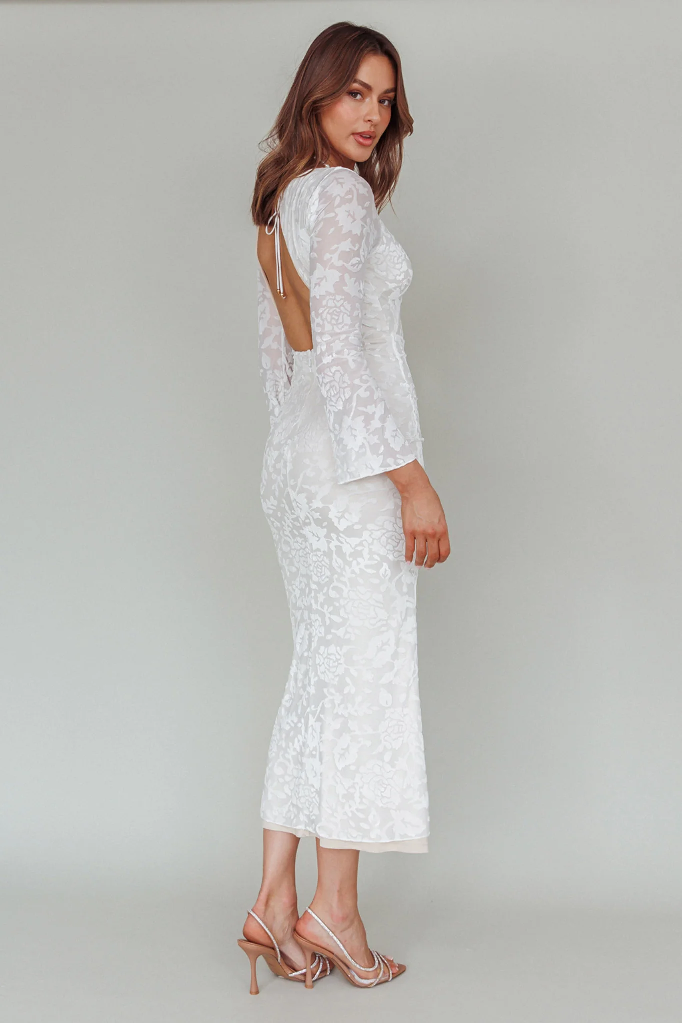 Novalie Long Sleeve Velvet Print Midi Dress White - Seraphlike