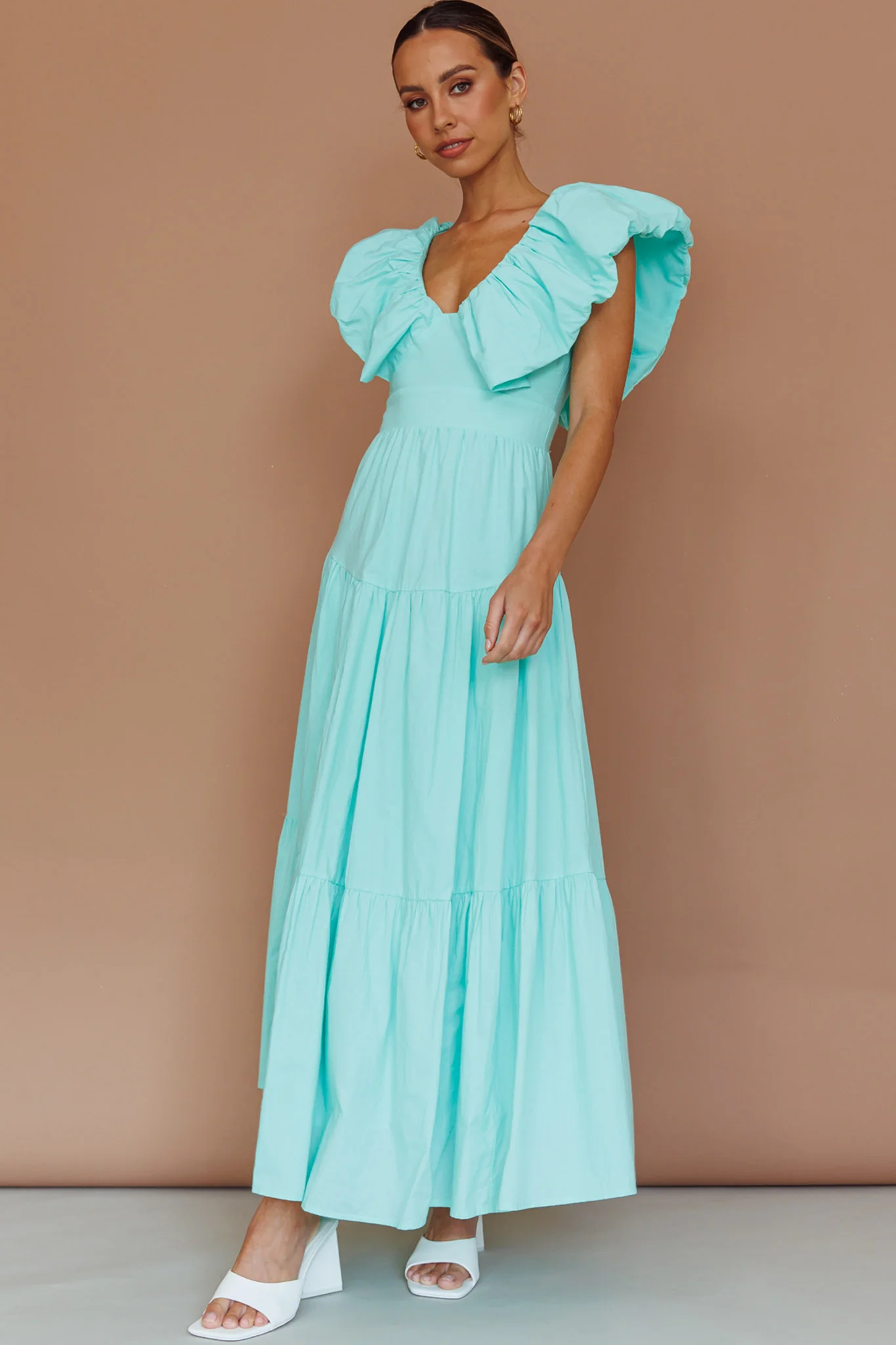 Kahlo Puffed Ruffle Neckline Maxi Dress Mint - Seraphlike