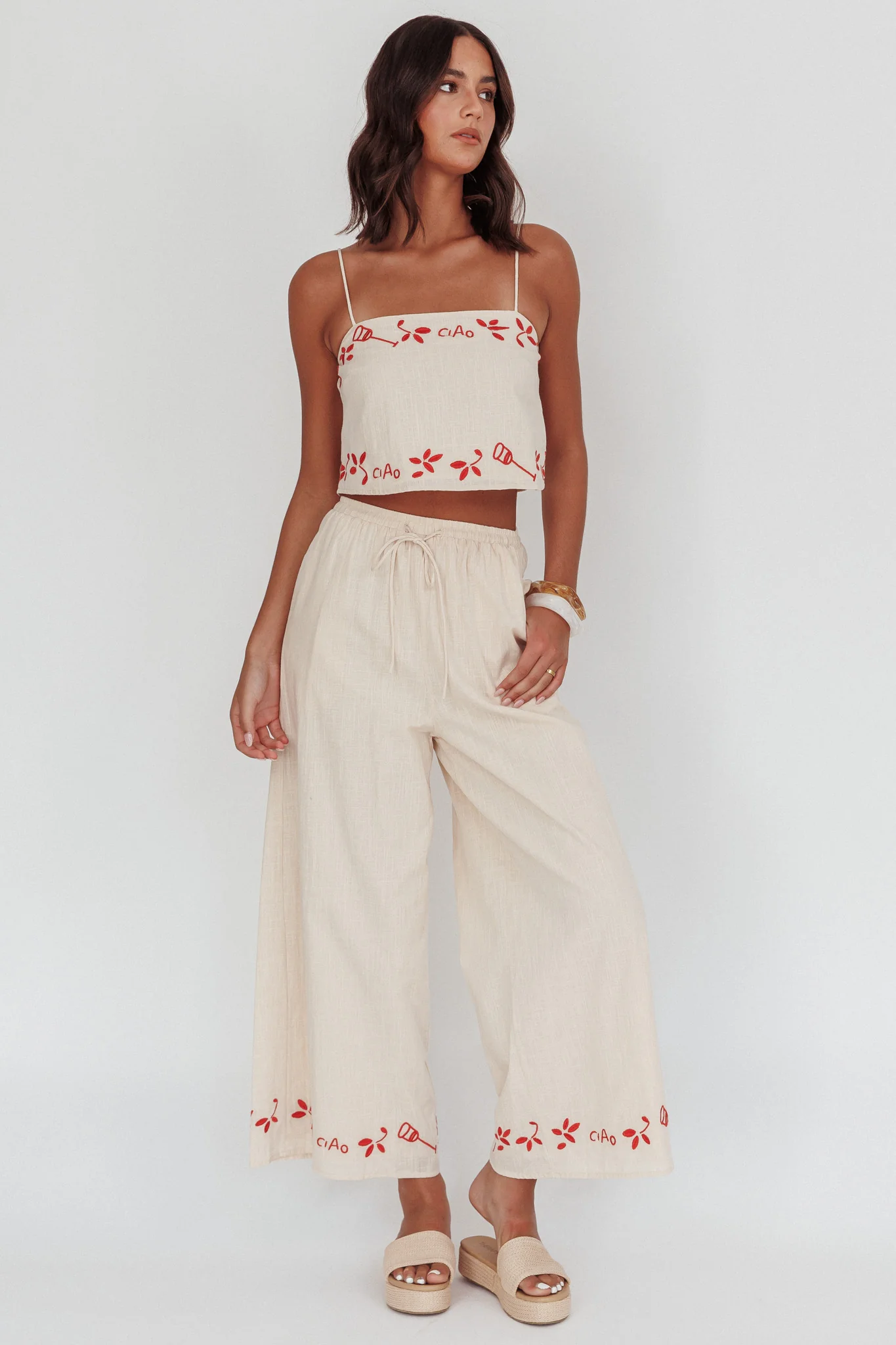 Sorrento Summer Embroidered Wide-Leg Pants Oat - Seraphlike