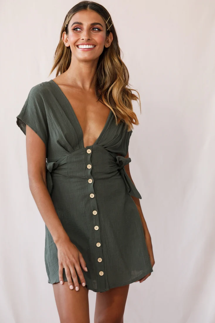 Dara Button Accent Dress Green Khaki - Seraphlike