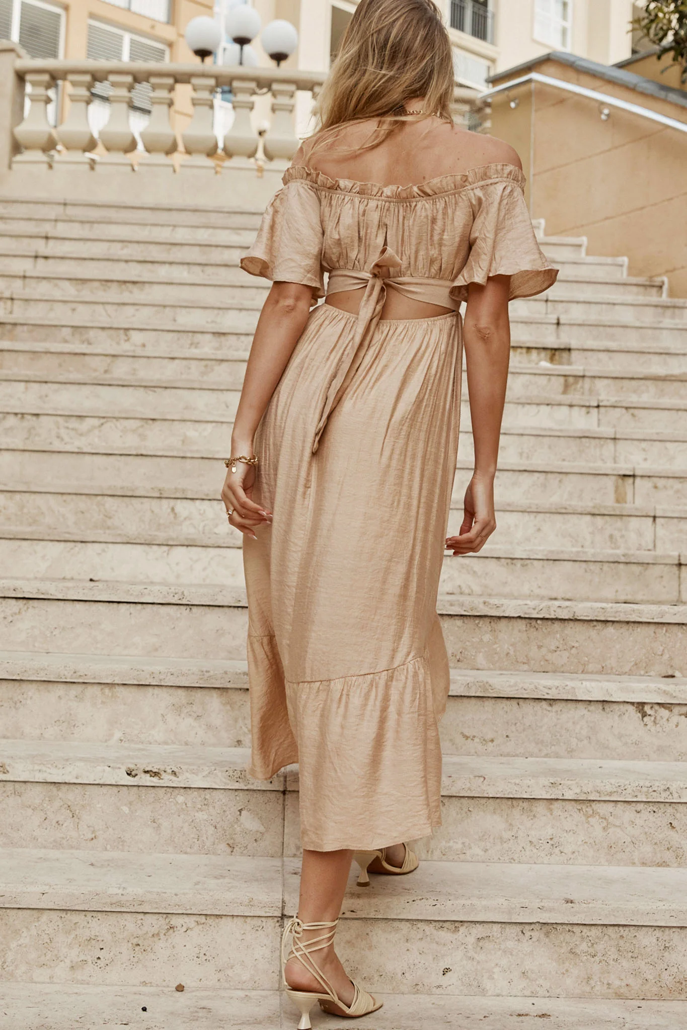 Dandelion Off-Shoulder Tied Back Midi Dress Sand - Seraphlike