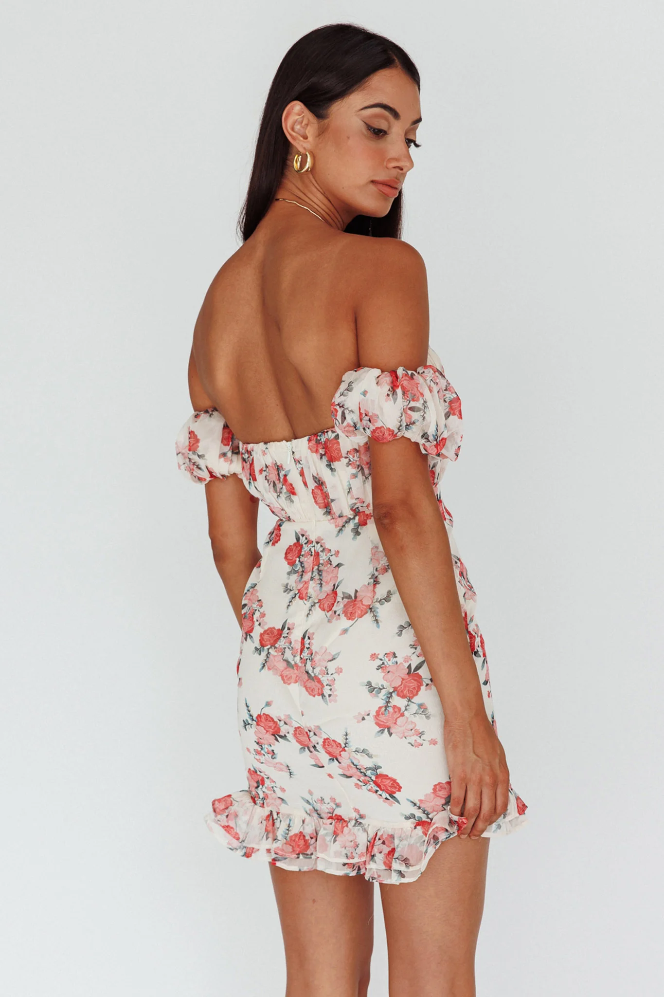 Verona Off-Shoulder Gathered Mini Dress Floral Red - Seraphlike