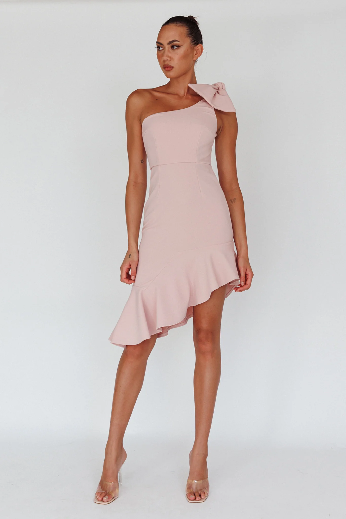 Tiffany One-Shoulder Bow Dress Blush - Seraphlike