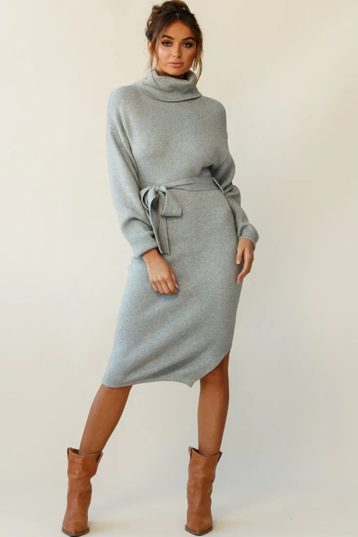 Marco Long Sleeve Turtleneck Knit Midi Dress Grey - Seraphlike