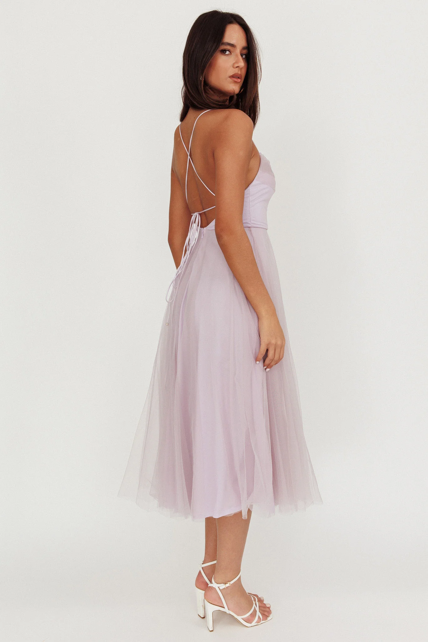 Floating By Pleated Neckline Mesh Midi Dress Lilac - Seraphlike