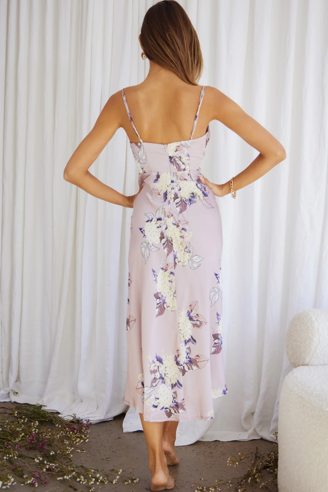 Suki Front Split Midi Dress Hydrangea Print Pink - Seraphlike