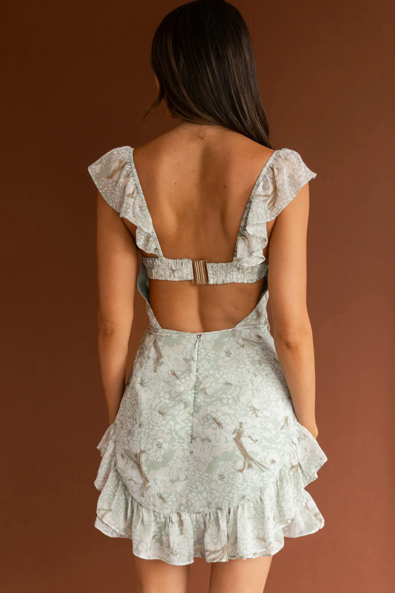 Liz Gathered Bust Frill Trim Dress Floral Sage - Seraphlike